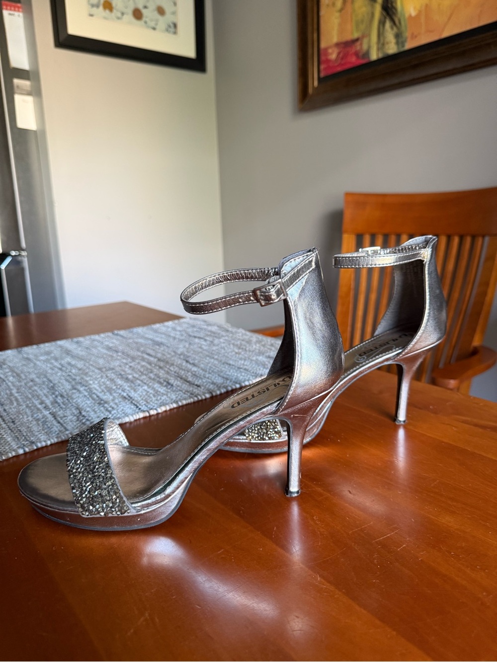 Kenneth Cole Unlisted Silver Metallic Ankle-Strap Heels with Glitter Toe